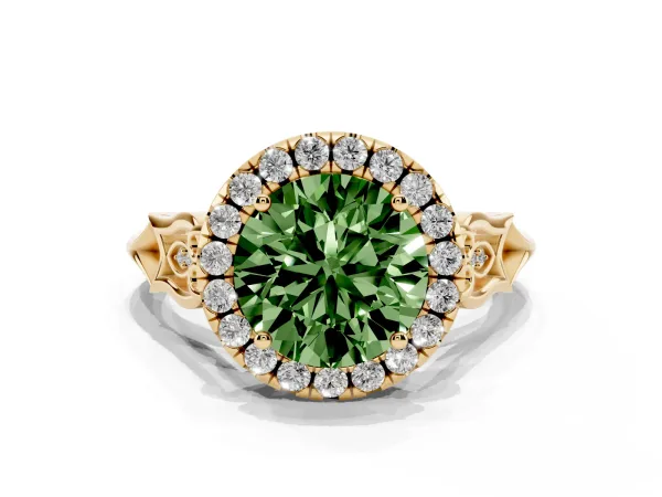 Fancy Green Round Cut Halo Diamond Engagement Ring with Filigree Band and Four-Prong Setting Yellow gold