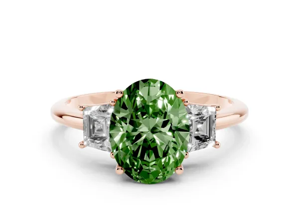Fancy Green Oval Cut Diamond Three-Stone Ring with Trapezoid Side Stones and Prong Setting Rose gold