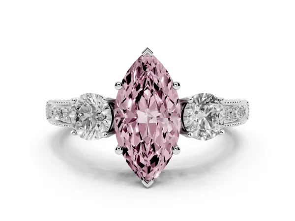 Fancy Pink Marquise Cut Three-Stone Diamond Ring with Pavé Band and Four-Prong Setting White gold