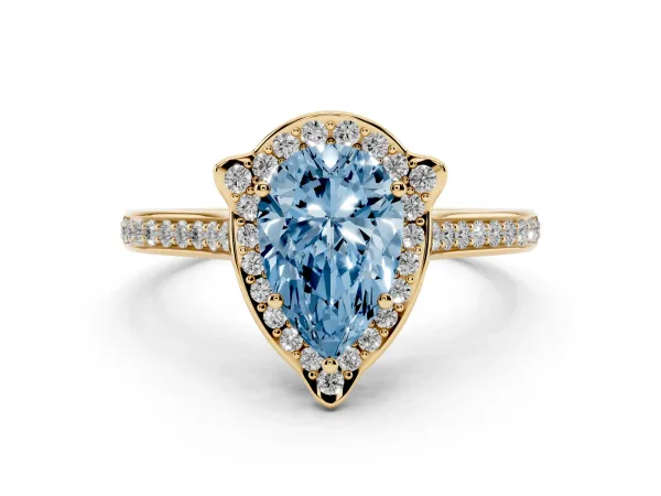 Fancy Blue Pear Cut Halo Round Diamond Pave Band with Four-Prong Setting Yellow gold