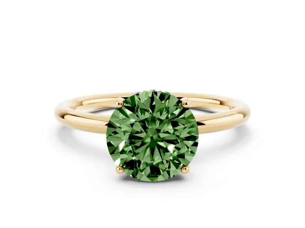 Fancy Green Round Cut Solitaire Diamond Ring with a Classic Band and Four-Prong Setting Yellow gold