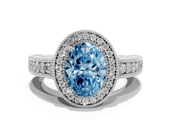 Fancy Blue Oval Cut Cut Halo Diamond Ring with Pavé Band and Four-Prong Setting Platinum