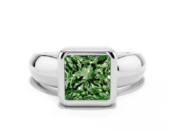 Fancy Green Bezel Set Princess Cut Solitaire Ring with Wide Band White gold