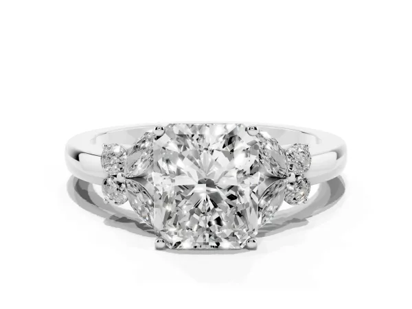 Radiant Cut Cut Solitaire Floral Diamond Ring with Four-Prong Setting Platinum