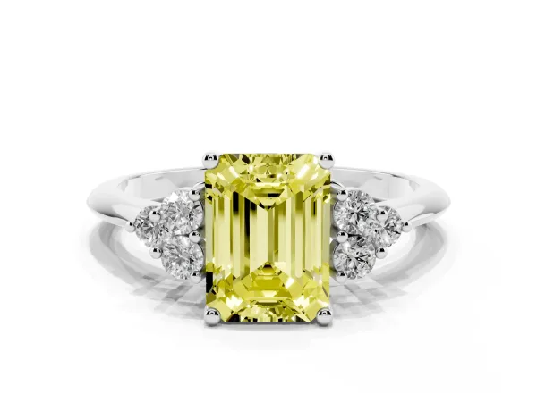 Fancy Yellow Emerald Cut Cut Diamond Cluster Ring with Solitaire Band and Four-Prong Setting White gold