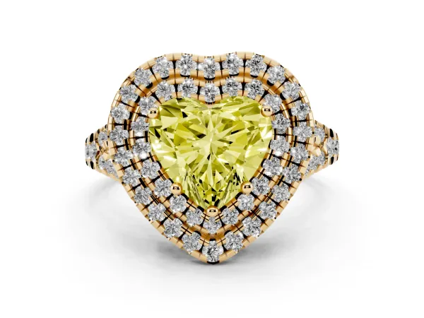 Fancy Yellow Double Halo Heart Cut Diamond Pavé Split Shank Ring with Prong Setting Yellow gold