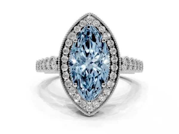 Fancy Blue Marquise Cut Halo Milgrain Solitaire with Bezel Set Side Stones and Pave Band Platinum