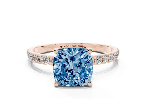 Fancy Blue Cushion Cut Diamond Solitaire Ring with Round Pavé Shoulders and Prong Setting Rose gold