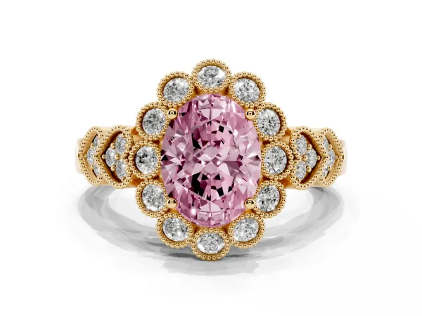Fancy Pink Oval Cut Brilliant Milgrain Pave Heart Band Solitaire Ring Yellow gold