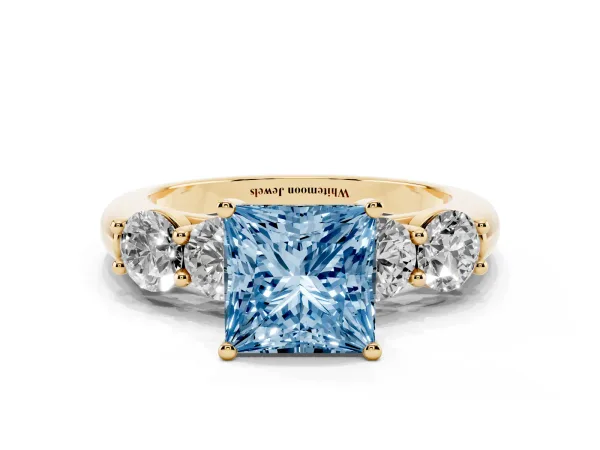 Fancy Blue Princess Cut Cut Five-Stone Prong Set Diamond Ring with Classic Band Yellow gold