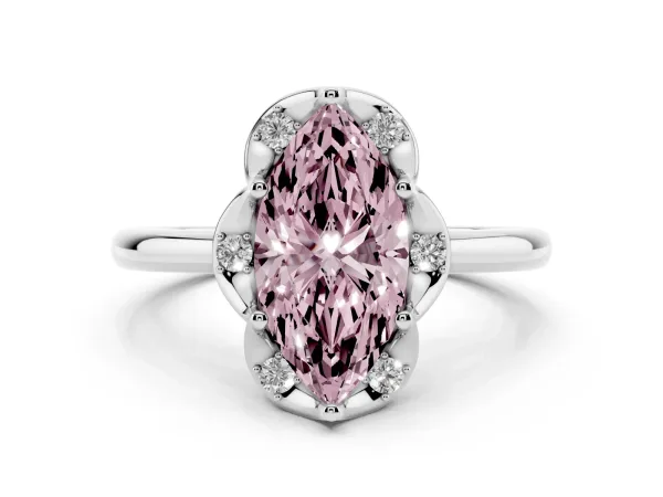 Fancy Pink Marquise Cut Halo Diamond Ring with Round Cluster Setting, Solitaire Band, and Four-Prong Setting White gold