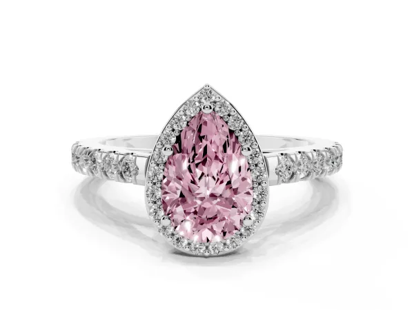 Fancy Pink Pear Cut Cut Halo Diamond Engagement Ring with Pave Band and Four-Prong Setting Platinum