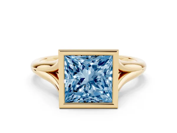 Fancy Blue Bezel Set Princess Cut Cut Solitaire Ring with Tapered Band Yellow gold