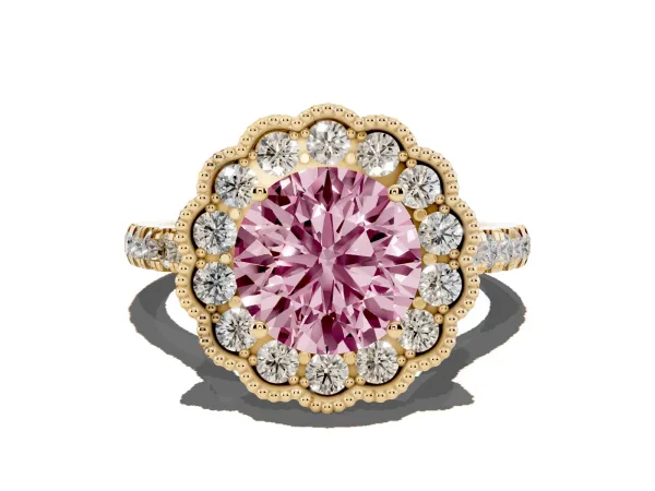 Fancy Pink Round Cut Cut Diamond Milgrain Floral Halo Engagement Ring with Pavé Band Yellow gold