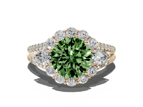 Fancy Green Round Cut Halo Split Shank Diamond Engagement Ring with Prong Setting Yellow gold