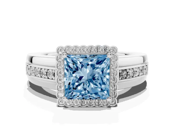 Fancy Blue Princess Cut Cut Halo Pave Band Four-Prong Ring Platinum