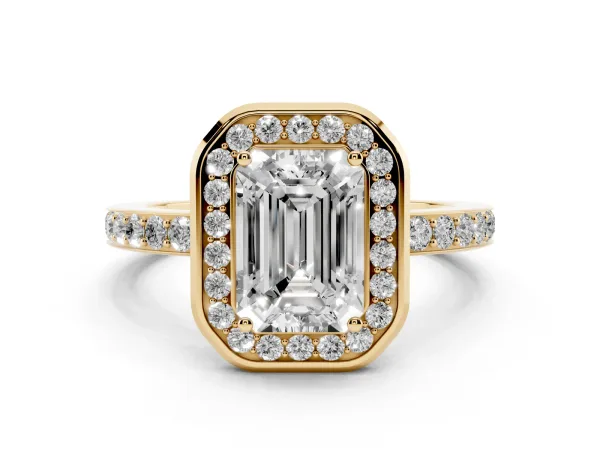 Emerald Cut Diamond Halo Ring with Bezel Frame and Pavé Band Yellow gold
