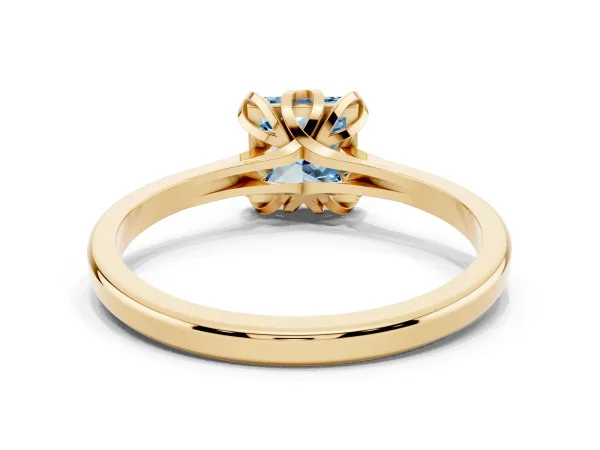 Fancy Blue Princess Cut Diamond Solitaire Ring with Flower Prong Setting and Classic Band Yellow gold
