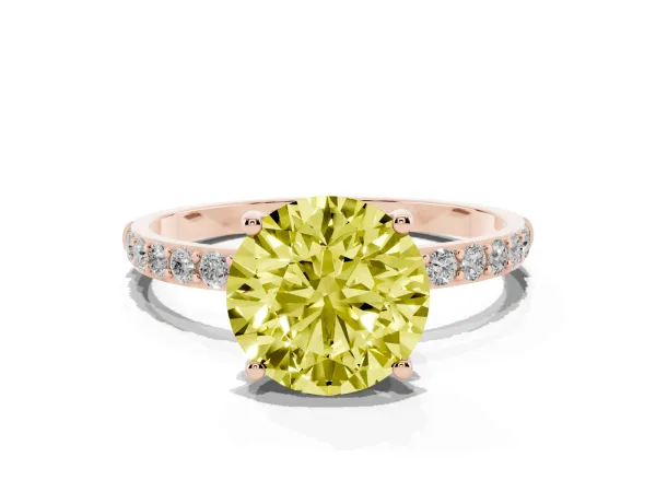 Fancy Yellow Round Cut Diamond Solitaire Ring with Round Pavé Shoulders and Prong Setting Rose gold