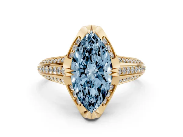 Fancy Blue Marquise Cut Solitaire Pave Split Shank Ring with Four-Prong Setting Yellow gold