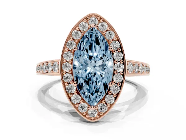 Fancy Blue Marquise Cut Halo Pavé Diamond Engagement Ring with Bezel Setting Rose gold