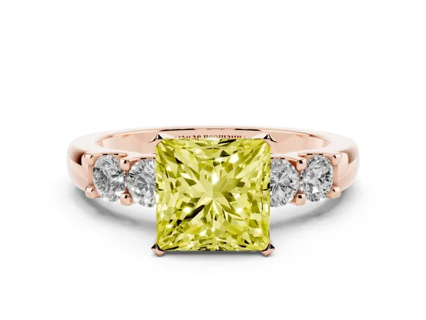 Fancy Yellow Princess Cut Brilliant Cut Diamond Five-Stone Prong Set Engagement Ring with Channel Band Rose gold
