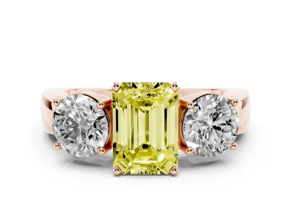 Fancy Yellow Three-Stone Emerald Cut Diamond Ring with Round Side Stones, Classic Band, and Four-Prong Setting Rose gold
