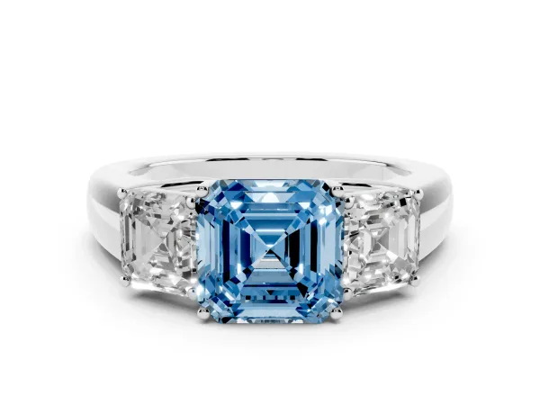 Fancy Blue Three-Stone Asscher Cut Cut Diamond Ring with Prong Setting and Classic Band White gold