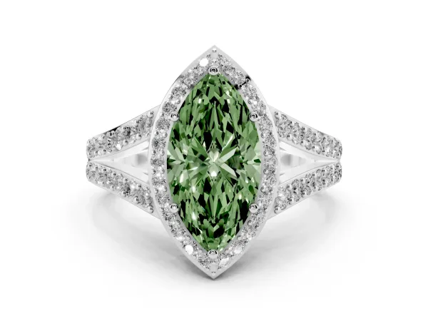 Fancy Green Marquise Cut Diamond Split Shank Halo Ring with Four-Prong Setting White gold