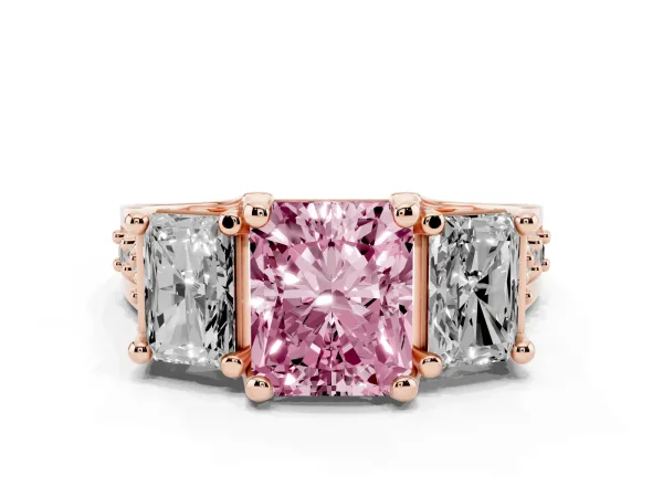 Fancy Pink Radiant Cut Diamond Three-Stone Ring with Channel Set Band and Four-Prong Setting Rose gold