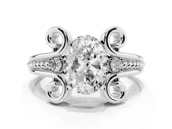 Oval Cut Solitaire Twisted Band Scroll Prong Ring White gold