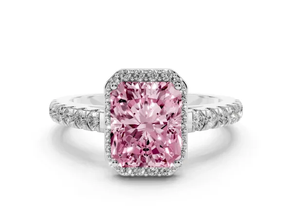 Fancy Pink Radiant Cut Cut Halo Diamond Engagement Ring with Pave Band and Four-Prong Setting White gold