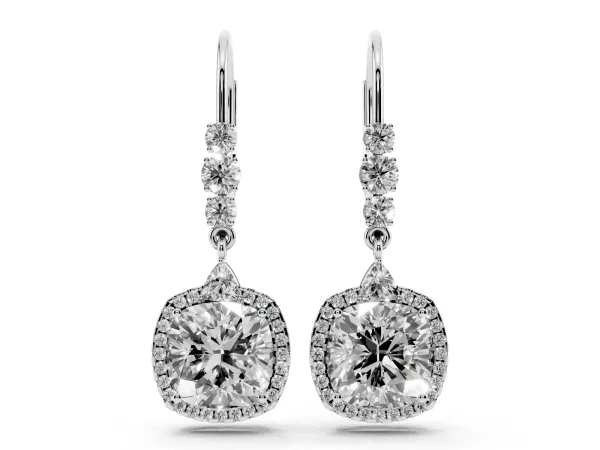 Cushion Diamond Drop Earrings with Trillion Diamond Accents and Round Diamond Halo Platinum