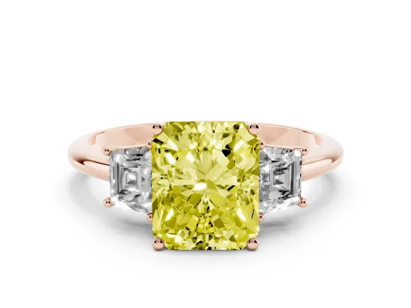 Fancy Yellow Radiant Cut Diamond Three-Stone Ring with Trapezoid Side Stones and Prong Setting Rose gold
