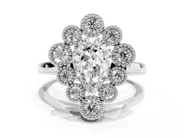 Pear Cut Halo Diamond Cluster Engagement Ring with Milgrain Bezel Setting and Solitaire Band Platinum