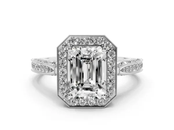 Emerald Cut Halo Diamond Engagement Ring with Split Shank Band and Four-Prong Setting Platinum