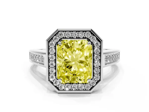Fancy Yellow Radiant Cut Halo Solitaire Diamond Ring with Pave Band and Bezel Setting White gold