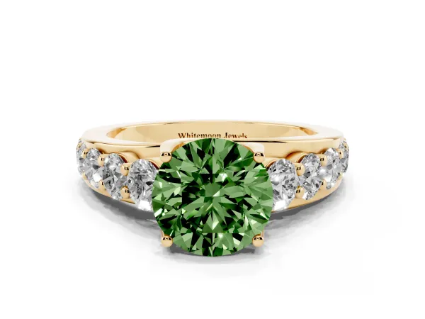 Fancy Green Round Cut Diamond Engagement Ring with Pavé Band and Four-Prong Setting Yellow gold