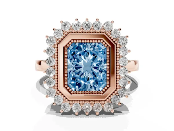 Fancy Blue Radiant Cut Halo Diamond Ring with Milgrain Edge and Round Prong Setting Rose gold