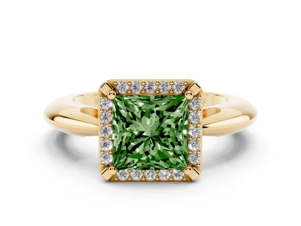 Fancy Green Princess Cut Cut Diamond Halo Engagement Ring with Split Shank and Four-Prong Setting Yellow gold