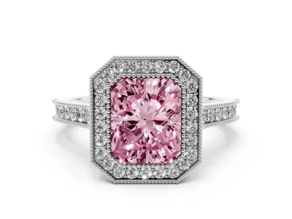 Fancy Pink Halo Radiant Cut-Cut Diamond Pave Band Milgrain Prong Setting Ring Platinum
