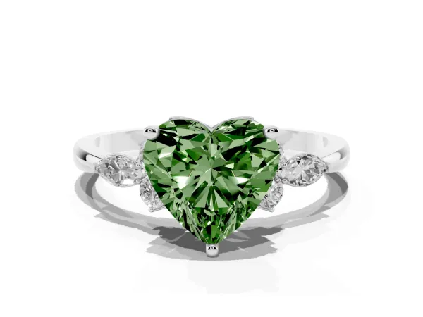 Fancy Green Heart Cut Brilliant Diamond Solitaire Ring with Pear Side Stones and Four-Prong Setting White gold