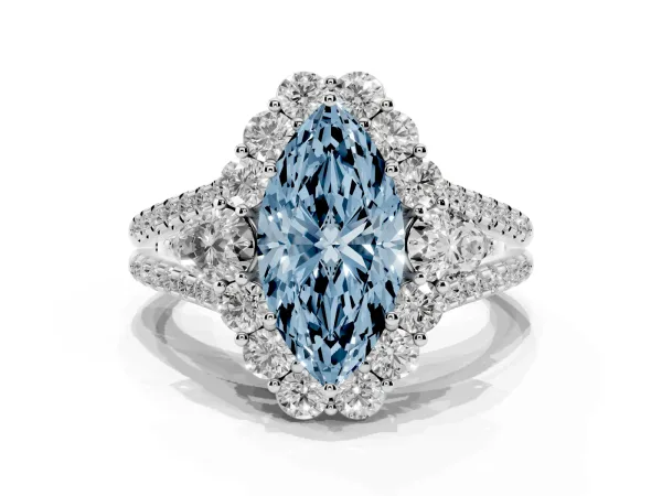 Fancy Blue Marquise Cut Halo Split Shank Diamond Engagement Ring with Prong Setting White gold