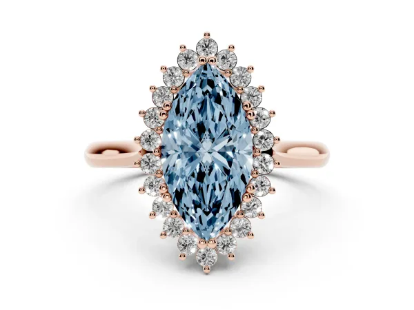 Fancy Blue Marquise Cut Cut Diamond Halo Ring with Solitaire Band and Prong Setting Rose gold