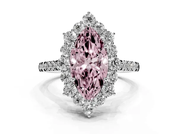 Fancy Pink Marquise Cut Halo Diamond Ring with Pavé Band and Prong Setting White gold