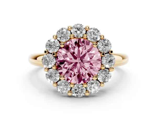 Fancy Pink Round Cut Halo Cluster Diamond Engagement Ring with Prong Setting and Polished Band Yellow gold