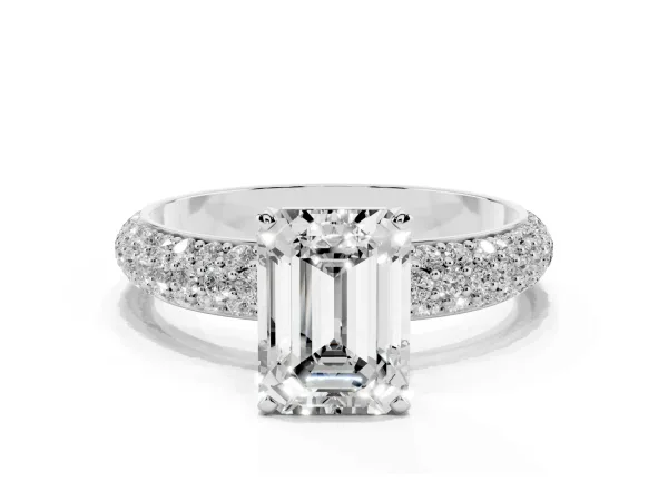 Emerald Cut Diamond Solitaire Ring with Prong Setting and Pavé Band Platinum