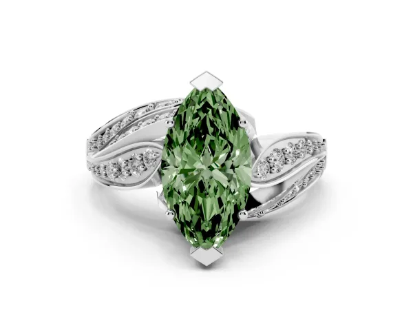 Fancy Green Marquise Cut Diamond Solitaire Ring with Prong Setting and Twisted Pavé Band White gold