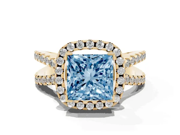 Fancy Blue Princess Cut Diamond Halo Ring with Split Shank Pavé Band and Prong Setting Yellow gold