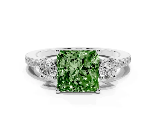 Fancy Green Three-Stone Princess Cut Cut Diamond Pavé Band with Prong Setting Platinum
